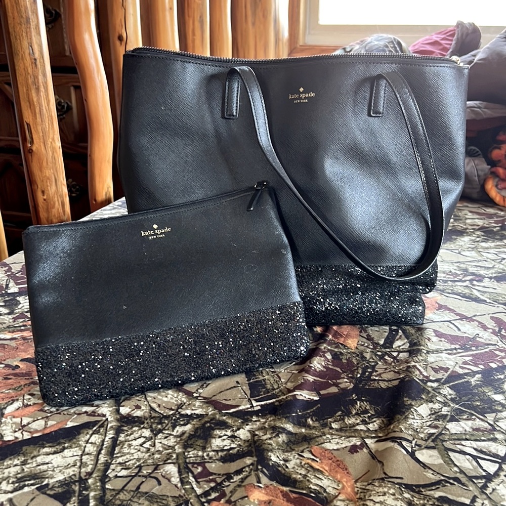 Kate spade black glitter purse and make up bag